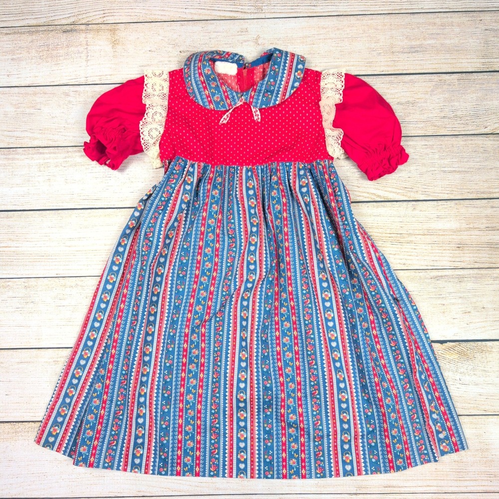 VTG 70s Girls Prairie Dress Floral Striped Red Peter Pan Collar Cottagecore 10